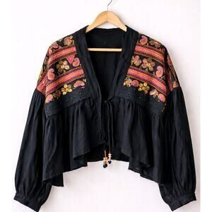 Free People Savannah Bed Jacket Boho Festival Embroidered Crop Cardigan M NWT